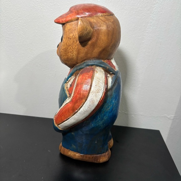 Hand Carved Wooden Bear Sculpture Door Stop Folk Art Patriotic Cabin Decor Vtg - Picture 7 of 16